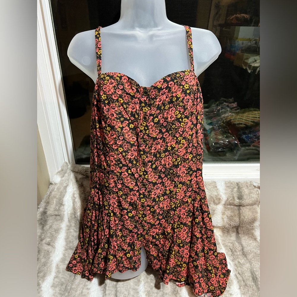Free people floral bodice button front tank lace up back